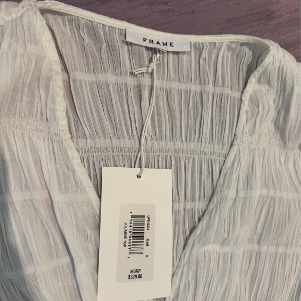 FRAME White Crinkled V-Neck Blouse